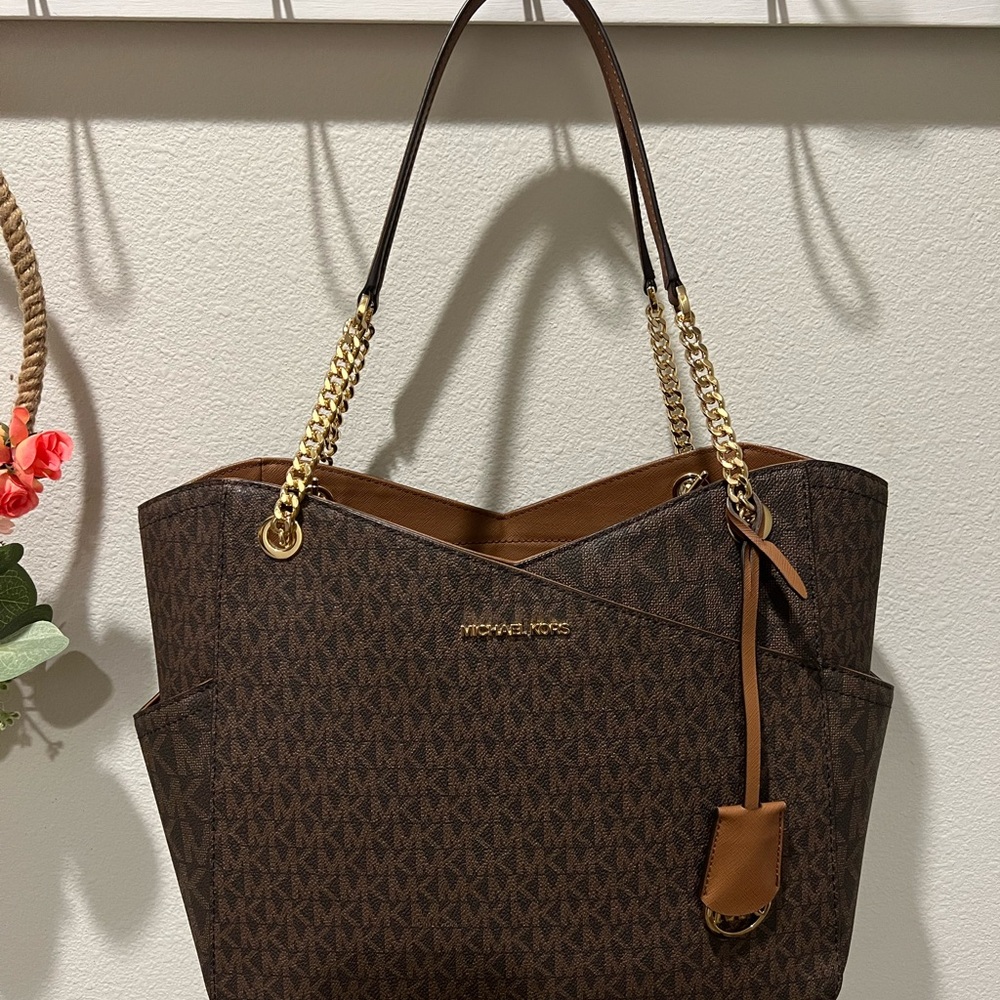 Michael Kors Brown Monogram Tote with Gold Chain Handles